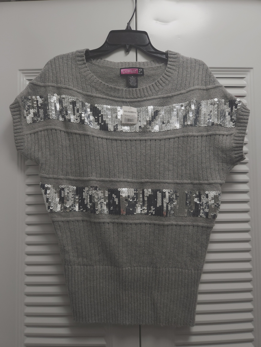Say What? Gray Crewneck Sweater with Silver Sequin Stripes
